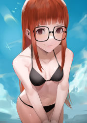 Rule 34 | 1girl, bare shoulders, black one-piece swimsuit, blazpu, blue background, blue sky, closed mouth, glasses, highres, looking at viewer, one-piece swimsuit, orange hair, persona, persona 5, sakura futaba, sky, sky, smile, swimsuit