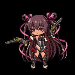 Rule 34 | 1girl, animated, animated gif, brown hair, chibi, collaboration, covered navel, fingerless gloves, frilled leotard, frills, full body, gloves, gun, holding, holding gun, holding weapon, impossible clothes, impossible leotard, leotard, lilith-soft, long hair, long twintails, looking to the side, lowres, mist train girls, mizuki yukikaze, official art, one-piece tan, pink eyes, revealing clothes, solo, standing, taimanin (series), taimanin suit, taimanin yukikaze, tan, tanline, thong leotard, transparent background, very long hair, weapon, wide hips