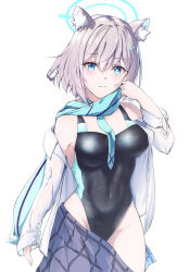Rule 34 | 1girl, animal ear fluff, animal ears, black one-piece swimsuit, blue archive, blue eyes, blue scarf, breasts, collared shirt, competition swimsuit, covered navel, cross hair ornament, dress shirt, extra ears, grey hair, grey skirt, hair ornament, halo, highleg, highleg swimsuit, highres, looking at viewer, medium breasts, medium hair, mismatched pupils, multicolored clothes, multicolored swimsuit, official alternate costume, one-piece swimsuit, plaid, plaid skirt, puyo99, scarf, shiroko (blue archive), shiroko (swimsuit) (blue archive), shirt, simple background, skirt, solo, swimsuit, undressing, white background, white shirt, wolf ears