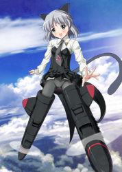 Rule 34 | 1girl, animal ears, black pantyhose, blush, cat ears, cat tail, cloud, day, green eyes, pantyhose, ryunnu, sanya v. litvyak, short hair, silver hair, skirt, sky, solo, strike witches, striker unit, tail, wind, wind lift, world witches series