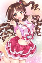 Rule 34 | 10s, 1girl, 2016, :d, bow, breasts, brown eyes, brown hair, curly hair, dated, double v, earrings, flower earrings, hair bow, idolmaster, idolmaster cinderella girls, jewelry, jumping, layered skirt, long hair, looking at viewer, matching hair/eyes, medium breasts, midriff, navel, open mouth, pink check school, plaid, plaid bow, pleated skirt, shimamura uzuki, short sleeves, side ponytail, skirt, smile, solo, sparkle, trente, v