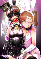 Rule 34 | 2girls, :p, animal ears, arms behind back, ball gag, bdsm, black leotard, blindfold, bondage, bound, breasts, brown hair, cleavage, cleavage cutout, clothing cutout, drooling, elbow gloves, fake animal ears, femdom, futami ami, futami mami, gag, gagged, gloves, harness gag, heart, heart-shaped lock, heart-shaped pupils, highres, hitachi magic wand, idolmaster, idolmaster (classic), incest, leotard, licking lips, lock, mask, momo no suidou-sui, multiple girls, padlock, padlocked collar, pink gloves, pink legwear, pink leotard, playboy bunny, rabbit ears, red eyes, saliva, sex toy, siblings, side ponytail, sisters, slave, small breasts, spoken heart, symbol-shaped pupils, thighhighs, tongue, tongue out, trembling, twincest, twins, vibrator, wiffle gag, yuri