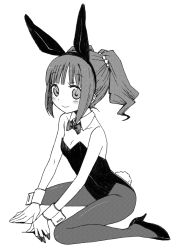 Rule 34 | 1girl, animal ears, bad id, bad pixiv id, blush, breasts, chika (orange pop), cleavage, fake animal ears, female focus, full body, greyscale, idolmaster, idolmaster (classic), leotard, monochrome, pantyhose, playboy bunny, rabbit ears, rabbit tail, simple background, sitting, small breasts, smile, solo, tail, takatsuki yayoi, wariza, white background, wrist cuffs