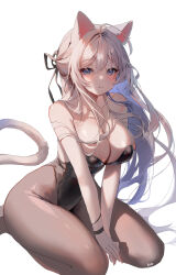 Rule 34 | 1girl, animal ears, bare shoulders, black leotard, black ribbon, blue eyes, blush, breasts, cleavage, closed mouth, collarbone, grey hair, hair ornament, hair ribbon, highres, kneeling, large breasts, leotard, long hair, looking at viewer, mole, mole on shoulder, original, pantyhose, ribbon, shiro albino, simple background, tail, thighs, white background