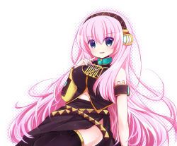 Rule 34 | 1girl, bad id, bad pixiv id, black skirt, black thighhighs, blue eyes, blush, boots, breasts, detached sleeves, headset, large breasts, long hair, long skirt, looking at viewer, megurine luka, midriff, open mouth, pink hair, side slit, skirt, smile, solo, sukuneko, thighhighs, very long hair, vocaloid