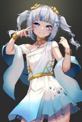 Rule 34 | 1girl, absurdres, blue eyes, blue hair, dress, flat chest, gawr gura, gawr gura (party dress), gem, gonggo, grey background, highres, hololive, hololive english, jewelry, looking at viewer, looking to the side, multicolored hair, necklace, pale skin, pendant, simple background, twintails, virtual youtuber, white hair