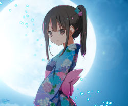 Rule 34 | 1girl, artist name, black hair, brown eyes, chijou noko, chikanoko, commentary request, copyright name, dated, floral print, full moon, hair ornament, japanese clothes, kimono, long hair, looking at viewer, moon, night, night sky, open mouth, original, outdoors, ponytail, ragho no erika, sash, sky, smile, solo, yukata