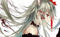 Rule 34 | 1girl, bad id, bad pixiv id, bare shoulders, choker, covered mouth, ex-keine, expressionless, face, fancybetty, from side, green hair, hair ribbon, kamishirasawa keine, long hair, profile, red eyes, red ribbon, ribbon, solo, touhou, tress ribbon