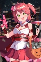 Rule 34 | 1girl, ahoge, armband, bare shoulders, belt, belt buckle, blush, breasts, brooch, buckle, building, burning, car, cherry blossom print, cherry blossoms, cleavage, cleavage cutout, clothing cutout, detached sleeves, floral print, flower, green eyes, gun, hair between eyes, hair flower, hair ornament, hairclip, halloween bucket, highres, holding, holding gun, holding money, holding weapon, hololive, jewelry, looking at viewer, medium breasts, medium hair, mi taro333, miniskirt, money, motor vehicle, night, night sky, nontraditional miko, one side up, open mouth, outdoors, pink hair, pink skirt, pink thighhighs, sakura miko, sakura miko (old design), skirt, sky, solo, star (sky), thighhighs, virtual youtuber, weapon, zettai ryouiki