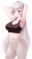 Rule 34 | 1girl, absurdres, armpits, arms behind head, arms up, azur lane, belfast (azur lane), black sports bra, blue eyes, blush, braid, breasts, cleavage, commentary, cowboy shot, highres, kuca (ku ca18), large breasts, long hair, looking at viewer, midriff, mole, mole on armpit, navel, pants, parted lips, silver hair, simple background, solo, sports bra, standing, sweat, swept bangs, very long hair, white background, white pants
