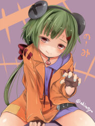 1girl :q akino_shuu blue_nails blue_shirt blue_skirt blush brown_gloves brown_jacket brown_skirt claw_pose closed_mouth collared_shirt commentary_request drawstring fingerless_gloves gloves green_hair grey_background hair_ornament hairclip jacket kantai_collection long_hair looking_at_viewer nail_polish noumi_(halloween_mode)_(kancolle) noumi_(kancolle) object_through_head off_shoulder open_clothes open_jacket red_eyes screw_in_head shirt skirt smile solo sweat tongue tongue_out twitter_username very_long_hair