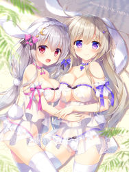 Rule 34 | 2girls, ameto yuki, animal ears, ass, babydoll, blonde hair, blurry, blurry foreground, blush, breasts, choker, cleavage, grey hair, hair ornament, hairband, hairclip, highres, large breasts, lying, multiple girls, on back, on side, open mouth, original, panties, purple eyes, rabbit ears, rabbit tail, red eyes, resolution mismatch, see-through, siblings, sisters, smile, source smaller, tail, underwear