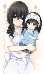 Rule 34 | 10s, 2girls, apron, black hair, blue eyes, blue shirt, blush, carrying, child, child carry, closed mouth, commentary request, drill hair, hair between eyes, hairband, highres, idolmaster, idolmaster cinderella girls, if they mated, long hair, looking at viewer, mother and daughter, multiple girls, natsu (anta tte hitoha), sagisawa fumika, shirt, short sleeves, white legwear