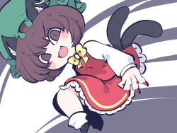 Rule 34 | 1girl, animal ears, black footwear, blush stickers, bow, bowtie, brown eyes, brown hair, cat ears, cat tail, chahan (fried rice0614), chen, earrings, fang, fingernails, full body, green hat, hat, jewelry, long fingernails, long sleeves, mob cap, multiple tails, nail polish, one-hour drawing challenge, open mouth, red nails, red skirt, red vest, sharp fingernails, shirt, shoes, short hair, single earring, skirt, smile, socks, solo, tail, touhou, two tails, vest, white shirt, white socks