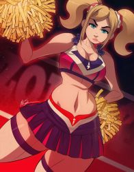 Rule 34 | cheerleader, exmile, grasshopper manufacture, highres, juliet starling, lollipop chainsaw, looking at viewer, midriff, pigtail braids, pom pom (cheerleading), thighhighs