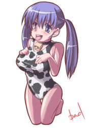 Rule 34 | 1girl, animal print, bad id, bad pixiv id, badbamboo, bell, blue eyes, blue hair, cow print, cowbell, kneeling, long hair, matching hair/eyes, one-piece swimsuit, original, solo, swimsuit, tongue, twintails