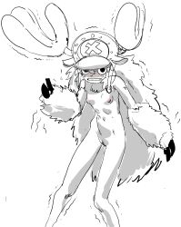 Rule 34 | 1girl, antlers, blush, breasts, clenched teeth, embarrassed, female focus, furry, furry female, genderswap, genderswap (mtf), hat, highres, hooves, horns, long hair, looking at viewer, meow25meow, monochrome, navel, nude, one piece, pussy, small breasts, solo, spot color, sweat, teeth, tony tony chopper, trembling, very long hair