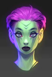 Rule 34 | 1girl, alternate costume, animated, animated gif, blinking, brown background, closed mouth, colored skin, cropped head, evelynn (league of legends), facial mark, facing viewer, gradient background, green skin, league of legends, looking at viewer, pink hair, short hair, solo, vladbacescu