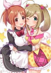 Rule 34 | 2girls, :3, :d, abe nana, ahoge, apron, bad id, bad pixiv id, bare shoulders, black dress, blush, bow, bowtie, breasts, brown hair, closed mouth, collar, collarbone, commentary request, detached collar, dress, frilled apron, frilled dress, frills, green eyes, hair between eyes, hair bobbles, hair ornament, hair ribbon, hug, idolmaster, idolmaster cinderella girls, juliet sleeves, light brown hair, long sleeves, maid headdress, medium breasts, multiple girls, necktie, o3o, off-shoulder shirt, off shoulder, omuretsu, one eye closed, open mouth, parted bangs, pink neckwear, pink ribbon, polka dot, polka dot skirt, ponytail, puffy sleeves, red eyes, red neckwear, ribbon, sato shin, shirt, short necktie, simple background, skirt, smile, star (symbol), twintails, white apron, white background, white collar, white wings, wing collar, wings, yellow shirt, yellow skirt