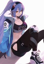 Rule 34 | 1girl, azur lane, black gloves, black pants, black shirt, blouse, blue hair, blue jacket, breasts, bright pupils, cleavage, clothes writing, crop top, essex (a trip down route 66) (azur lane), essex (azur lane), fur trim, gloves, headband, highres, hip vent, jacket, knee pads, knees up, large breasts, leg belt, long hair, long sleeves, looking at viewer, marshall k, midriff, navel, open clothes, open jacket, orange eyes, pants, ponytail, shadow, shirt, shoes, simple background, sitting, smile, sneakers, solo, stomach, thigh strap, very long hair, white background