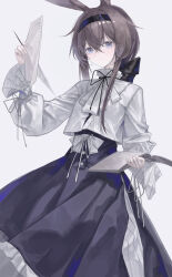 1girl absurdres amiya_(arknights) animal_ears arknights black_dress black_hairband blue_eyes book breasts brown_hair closed_mouth cropped_jacket dress frilled_dress frills grey_background hair_between_eyes hairband hand_up highres holding holding_book jacket light_smile long_dress long_hair long_sleeves looking_at_viewer open_book paper_airplane rabbit_ears simple_background small_breasts solo standing straight_hair white_jacket yaoyao_(yoyo27456335489)