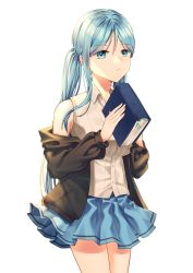 Rule 34 | 1girl, :o, absurdly long hair, absurdres, aqua eyes, aqua hair, artist name, artist request, bare shoulders, black jacket, blue eyes, blue hair, blue skirt, book, breasts, collared shirt, female focus, garam letty, hatsune miku, highres, holding, holding book, jacket, light brown shirt, long hair, medium breasts, open clothes, open jacket, parted lips, shirt, skirt, solo, twintails, very long hair, vocaloid, white background