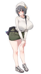 Rule 34 | 1girl, :&gt;, absurdres, aillie (vtuber), aningay, beanie, between breasts, breasts, closed mouth, full body, green skirt, grey footwear, grey hair, grey hat, grey shirt, hat, highres, indie virtual youtuber, large breasts, leaning forward, living tongue, long sleeves, multicolored hair, red eyes, shirt, shoes, simple background, skirt, sleeves past wrists, solo, strap between breasts, streaked hair, tongue, tongue out, v arms, virtual youtuber, white background