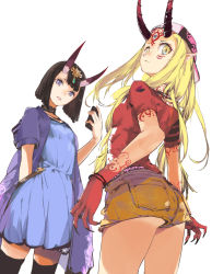 Rule 34 | 2girls, ass, backwards hat, baseball cap, belt, black hair, black legwear, blonde hair, blouse, blue dress, blue eyes, bob cut, bracelet, breasts, casual, choker, commentary request, contemporary, cowboy shot, dress, facial mark, fate/grand order, fate (series), fingernails, from behind, gem, hair ornament, hat, head tilt, highres, holding, holding phone, horns, ibaraki douji (fate), jewelry, kiriyama, long hair, looking at viewer, looking back, multiple girls, oni, open mouth, phone, pointy ears, red shirt, sharp fingernails, shirt, short hair, short sleeves, shorts, shuten douji (fate), simple background, skin-covered horns, small breasts, standing, t-shirt, tan, tanline, tattoo, thighhighs, third eye, white background, yellow eyes