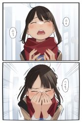 Rule 34 | 1girl, blush, brown hair, douki-chan (douki-chan), earrings, closed eyes, fingernails, ganbare douki-chan, hands on own face, highres, jewelry, open mouth, red scarf, scarf, short hair, sneezing, solo, teeth, upper body, upper teeth only, yomu (sgt epper)