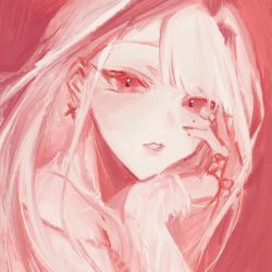 Rule 34 | bad id, bad twitter id, blush, dear: (utaite), eyebrows hidden by hair, from side, hair behind ear, hand on own face, highres, indie utaite, jewelry, long hair, looking at viewer, monochrome, original, parted lips, pink theme, portrait, ring, solo, utaite, xoco