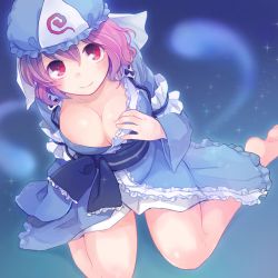 Rule 34 | 1girl, areola slip, arm support, breasts, cleavage, from above, fuji fujino, hand on own chest, hat, japanese clothes, kimono, large breasts, light smile, long sleeves, looking at viewer, looking up, mob cap, obi, pink eyes, pink hair, saigyouji yuyuko, sash, short hair, sitting, solo, touhou, triangular headpiece, wavy hair, wide sleeves