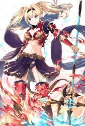 Rule 34 | 10s, 1girl, armor, blonde hair, blue eyes, boots, breasts, cleavage, gauntlets, gen (gen 7254), granblue fantasy, highres, long hair, looking at viewer, midriff, navel, polearm, shoulder armor, skirt, solo, thigh boots, thighhighs, twintails, weapon, zeta (granblue fantasy)