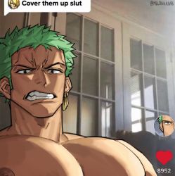 Rule 34 | 1boy, angry, bara, cover them up slut (meme), earrings, green hair, highres, indoors, jewelry, large pectorals, looking at viewer, male focus, meme, muscular, muscular male, nipples, one piece, pectoral focus, pectorals, photo background, roronoa zoro, sanji (one piece), solo, solo focus, tagme, upper body