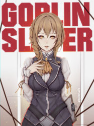 Rule 34 | 10s, 1girl, absurdres, blue skirt, blue vest, braid, breasts, brown eyes, brown hair, clipboard, collared shirt, commentary request, dress shirt, facing viewer, goblin slayer!, guild girl (goblin slayer!), hair between eyes, hand on own chest, highres, holding, holding clipboard, large breasts, liya nikorov, long hair, long sleeves, looking at viewer, parted lips, ribbon, shirt, single braid, skirt, solo, standing, vest, white shirt, yellow neckwear, yellow ribbon