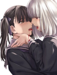 Rule 34 | 2girls, black shirt, blood, blood from mouth, brown eyes, brown hair, commentary request, eye contact, fangs, hair ribbon, hands on another&#039;s face, highres, long hair, long sleeves, looking at another, multiple girls, open mouth, original, purple ribbon, red eyes, ribbon, sailor collar, school uniform, serafuku, shirt, simple background, takekawa shin, tongue, tongue out, twintails, upper body, vampire, white background, white hair, white sailor collar, yuri