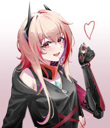 Rule 34 | 1girl, absurdres, black jacket, black shirt, blood, blood on arm, blush, breasts, chinese commentary, girls&#039; frontline, headset, heart, highres, holding eye, horns, jacket, long hair, looking at viewer, m4 sopmod ii (girls&#039; frontline), m4 sopmod ii (mod3) (girls&#039; frontline), mechanical arms, mechanical horns, medium breasts, multicolored hair, one smoke, open clothes, open jacket, open mouth, pink hair, red eyes, shirt, simple background, single mechanical arm, smile, solo, streaked hair, teeth, upper body, upper teeth only
