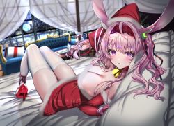 Rule 34 | 1girl, absurdres, animal ear fluff, animal ears, bed, bell, blush, breasts, canopy bed, cleavage, couch, cup, detached sleeves, dress, fujisaki eru, fur trim, hair ribbon, hat, high heels, highres, indie virtual youtuber, large breasts, looking at viewer, lying, microdress, mole, mole on thigh, moon, moonlight, neck bell, on back, on bed, open mouth, pillow, pink hair, purple eyes, rabbit ears, red dress, red footwear, ribbon, santa costume, santa hat, snow, solo, star (symbol), strapless, strapless dress, tea set, teacup, teapot, thighhighs, tomomo mimiko, twintails, virtual youtuber