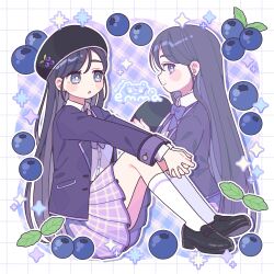 Rule 34 | 1girl, argyle, argyle background, artist name, black footwear, black headwear, blush stickers, bow, bowtie, collared shirt, earrings, emma (kumaema), food, fruit, grapes, highres, interlocked fingers, jacket, jewelry, kneehighs, knees up, loafers, long hair, long sleeves, looking at viewer, looking back, multiple views, original, outline, own hands clasped, own hands together, plaid, plaid skirt, purple bow, purple bowtie, purple eyes, purple hair, purple jacket, purple skirt, purple theme, shirt, shoes, sitting, skirt, smile, socks, white outline, white shirt