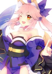 Rule 34 | 10s, 1girl, ;d, ameshizuku natsuki, animal ears, bare shoulders, bow, breasts, cleavage, detached sleeves, fate/extra, fate/grand order, fate (series), fox ears, fox shadow puppet, fox tail, hair bow, japanese clothes, kimono, obi, one eye closed, open mouth, pink hair, sash, smile, solo, tail, tamamo no mae (fate/extra), twintails, yellow eyes