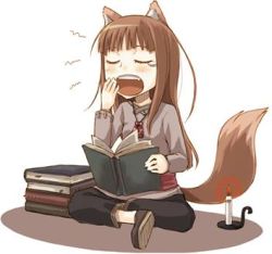 Rule 34 | 1girl, animal ears, ayakura juu, black pants, book, brown footwear, brown hair, candle, closed eyes, covering own mouth, fang, full body, grey shirt, hand over own mouth, holding, holding book, holo, long hair, lowres, non-web source, novel illustration, official art, open book, open mouth, pants, shadow, shirt, shoes, simple background, sitting, solo, spice and wolf, tail, very long hair, white background, wolf ears, wolf tail, yawning