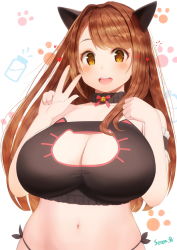 Rule 34 | 1girl, animal ears, bad id, bad pixiv id, blush, breasts, brown eyes, brown hair, cat cutout, cat ears, cat lingerie, cleavage, cleavage cutout, clothing cutout, jellytits-7, large breasts, long hair, looking at viewer, meme attire, midriff, navel, open mouth, original, solo, upper body