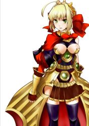 Rule 34 | 10s, 1girl, ahoge, armor, armored dress, blonde hair, blossomsa, breasts, cape, dress, fate/extra, fate/extra ccc, fate (series), faulds, green eyes, hair ribbon, nero claudius (fate), nero claudius (fate) (all), nero claudius (fate/extra), official alternate costume, ribbon, solo, tiara