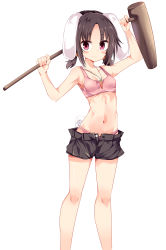 Rule 34 | 1girl, animal ears, armpits, bikini, black hair, breasts, carrot necklace, highres, holding, inaba tewi, kine, looking at viewer, mallet, maturiuta sorato, navel, necklace, pink bikini, pink eyes, rabbit ears, rabbit girl, rabbit tail, short hair, short shorts, shorts, simple background, small breasts, smile, solo, standing, stomach, swimsuit, tail, tankini, touhou, white background