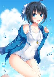 Rule 34 | 1girl, :d, ahoge, black hair, blue eyes, blue sky, blush, bow, breasts, cloud, collarbone, covered navel, day, dripping, hair between eyes, hair bow, hand up, hayakawa (hayakawa illust), hood, hooded track jacket, jacket, knees together feet apart, lanyard, looking at viewer, off shoulder, old school swimsuit, one-piece swimsuit, open clothes, open jacket, open mouth, original, outdoors, school swimsuit, shiny skin, sidelocks, sky, small breasts, smile, solo, sparkle, swimsuit, track jacket, water, water drop, whistle, whistle around neck, white one-piece swimsuit