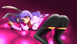 Rule 34 | 1girl, animal ears, ass, bespectacled, black thighhighs, breasts, female focus, glasses, gradient background, long hair, miniskirt, purple hair, rabbit ears, red eyes, reisen udongein inaba, skirt, sofitia, solo, striped clothes, striped thighhighs, thighhighs, top-down bottom-up, touhou, vertical-striped clothes, vertical-striped thighhighs, zettai ryouiki