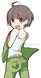 Rule 34 | 1girl, ahoge, anata horuko, back, bare shoulders, belt, blue camisole, blush, brown belt, brown eyes, brown hair, camisole, cargo pants, commentary, from below, green pants, hair strand, highres, holding cloth, legs apart, looking back, nose blush, official art, open mouth, original, pants, tomboy, twitter username, wavy mouth, white background, yucchi (kotoba zombie)