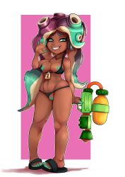 Rule 34 | 1girl, :d, absurdres, bikini, bikini bottom aside, black bikini, breasts, breasts out, clothing aside, colored nipples, feet, full body, green hair, green nipples, headphones, highres, looking at viewer, marina (splatoon), medium breasts, mole, mole under mouth, multicolored hair, navel, nintendo, nipples, octoling, open mouth, purple hair, pussy, slippers, smile, solo, splatoon (series), splatoon 2, stomach, swimsuit, tentacle hair, two-tone hair, uncensored