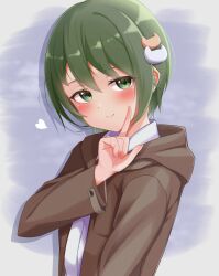Rule 34 | 00s, 1girl, absurdres, aged up, blush, cat hair ornament, closed mouth, coat, dejiko, di gi charat, female focus, green eyes, green hair, hair between eyes, hair ornament, heart, highres, looking at viewer, matching hair/eyes, mujin (mujinzairaisen), open clothes, open coat, shirt, short hair, simple background, smile, solo, upper body, winter garden