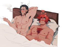 Rule 34 | 2boys, abs, afterglow, bara, blank stare, blush, cigarette, couple, highres, i love when people draw ships like this actually (meme), large pectorals, league of legends, looking ahead, lou host, loving aura, male focus, meme, multiple boys, muscular, muscular male, navel, navel hair, nipples, on bed, pectorals, raised eyebrows, sett (league of legends), short hair, smoking, sylas (league of legends), thick chest hair, thick eyebrows, topless male, under covers, yaoi