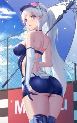 Rule 34 | 1girl, :d, absurdres, ass, azur lane, back, backless dress, backless outfit, bare shoulders, belt, belt pouch, black dress, black footwear, blue sky, blush, boots, breasts, chain-link fence, cleavage, cloud, commentary, confetti, cowboy shot, day, dress, elbow gloves, enterprise (azur lane), enterprise (wind catcher) (azur lane), eyewear on headwear, fence, fingerless gloves, from behind, gloves, hair between eyes, hair through headwear, halter dress, halterneck, hat, highres, holding, holding umbrella, kojo (0124), large breasts, long hair, looking at viewer, official alternate costume, open mouth, outdoors, partially fingerless gloves, ponytail, pouch, purple eyes, race queen, short dress, sidelocks, silver hair, single elbow glove, single fingerless glove, skindentation, sky, sleeveless, sleeveless dress, smile, solo, standing, sunglasses, teeth, thigh boots, thighhighs, umbrella, upper teeth only, very long hair, white belt, white hat, zettai ryouiki